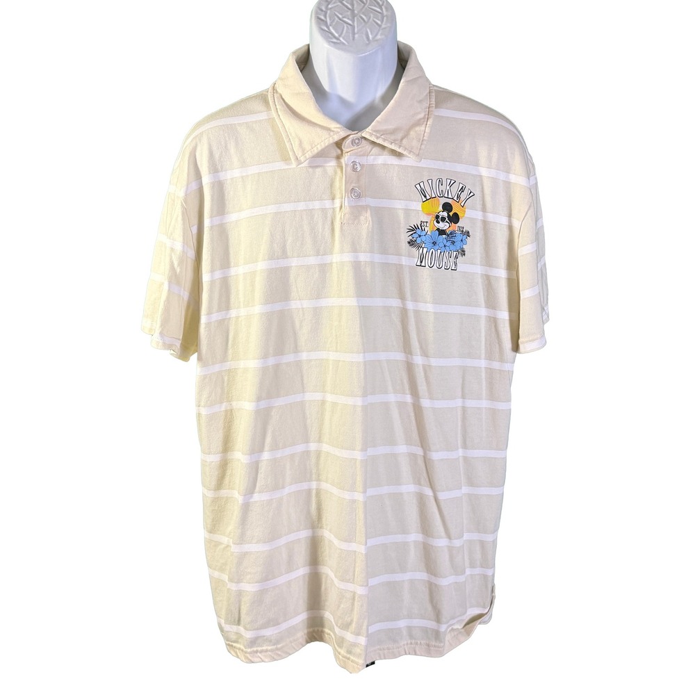 Disney Mickey Mouse Polo Shirt Mens XXL Cream Striped Tropical Graphic Short Slv